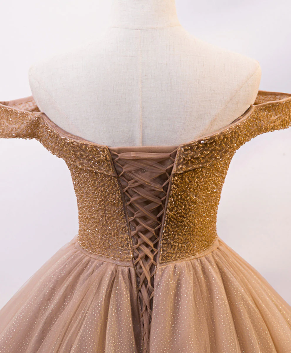 Champagne Sweetheart Off Shoulder Tulle Sequin Long Prom Dresses - Deanwangkt