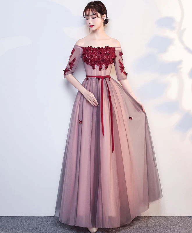 Burgundy Tulle Lace Long Prom Dress, Burgundy Tulle Evening Dress - Deanwangkt
