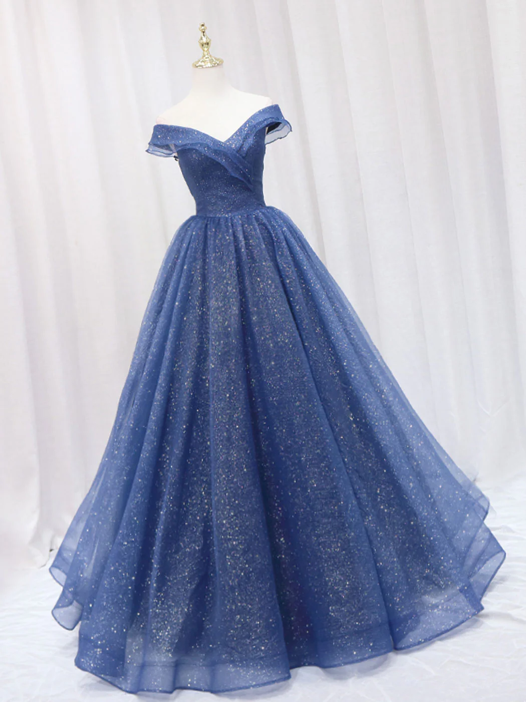 A-Line Off Shoulder Dark Blue Long Prom Dress, Shiny Tulle Long Graduation Dress - Deanwangkt