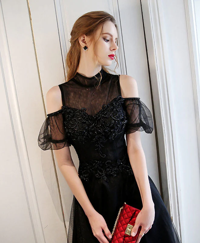 Unique Black High Neck Tulle Long Prom Dress, Black Evening Dress - Deanwangkt