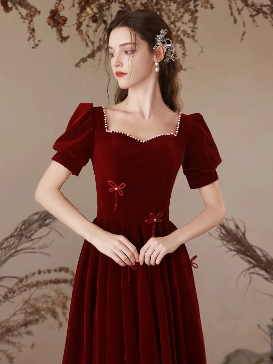 A-Line Velvet Burgundy Long Prom Dress, Burgundy Long Formal Dress - Deanwangkt