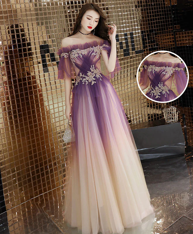 Elegant Tulle Lace Long Prom Dress Purple Tulle Evening Dress - Deanwangkt