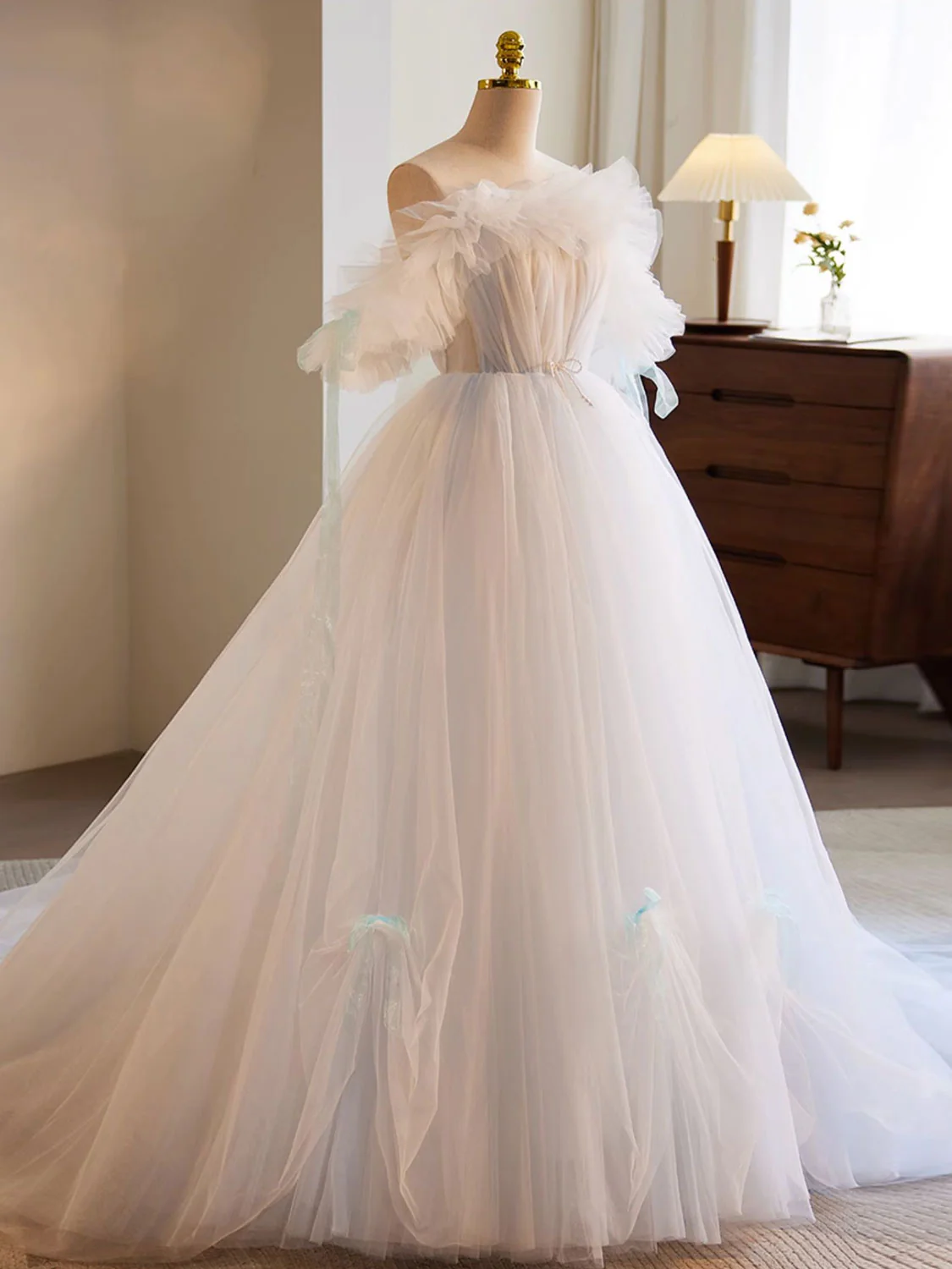 White A-Line Tulle Long Prom Dress, White Formal Dress - Deanwangkt