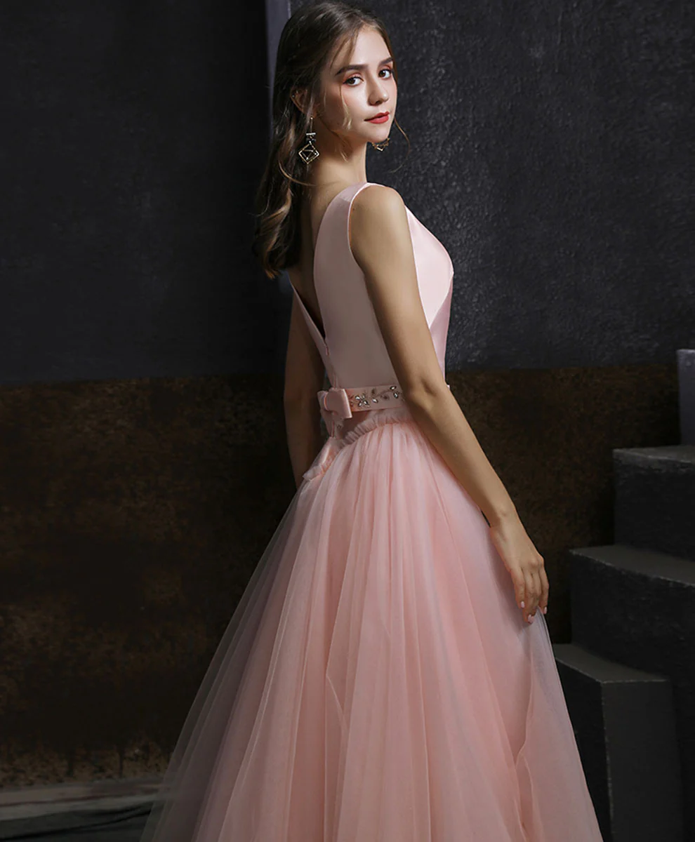 Aline Round Neck Tulle Short Pink Prom Dress, Aline Pink Tulle Bridesmaid Dress - Deanwangkt
