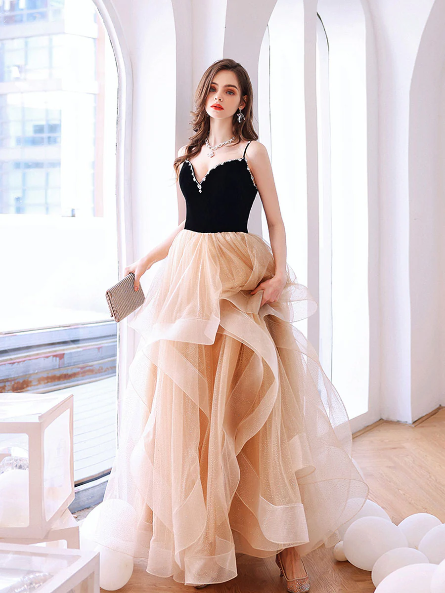 Champagne Tulle Long Prom Dresses, Champagne Tulle Formal Graduation Dresses - Deanwangkt