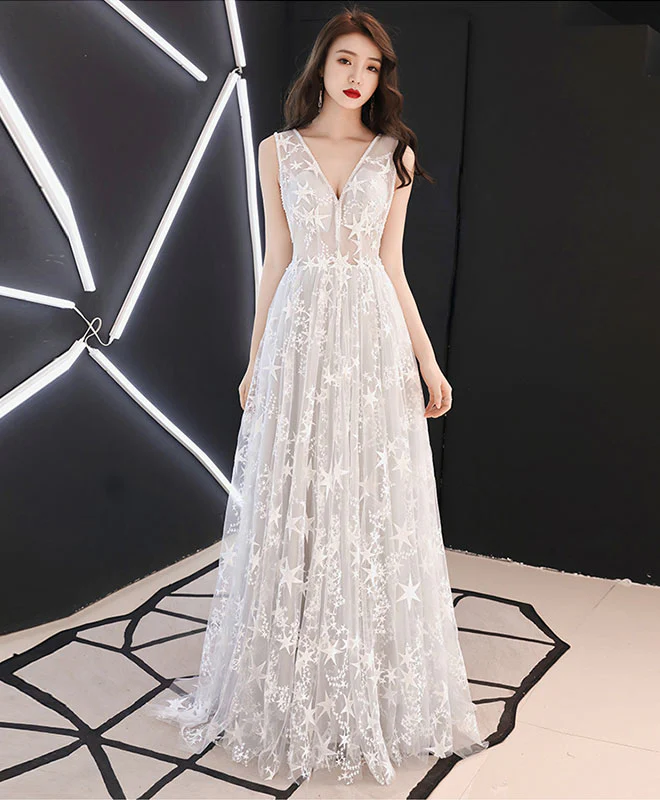Gray Tulle Lace Long Prom Dress, Gray Lace Evening Dress - Deanwangkt