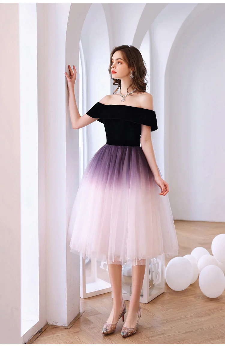 Purple Off Shoulder Tulle Short Puffy Prom Dresses, Puffy Purple Homecoming Dresses - Deanwangkt