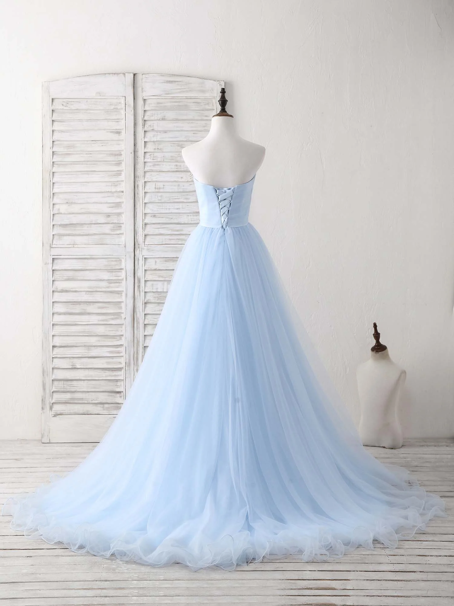 Simple Sweetheart Blue Tulle Long Prom Dress Blue Evening Dress - Deanwangkt
