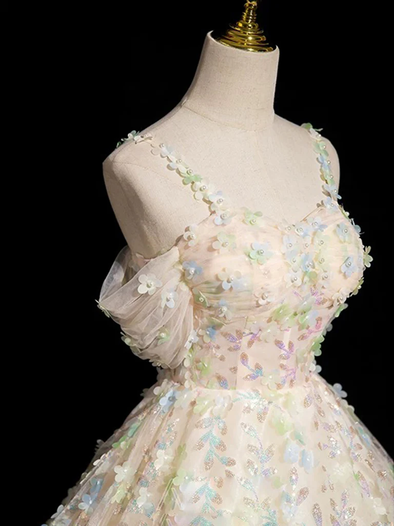 A-Line Sweetheart Neck Tulle Lace Champagne Long Prom Dress - Deanwangkt