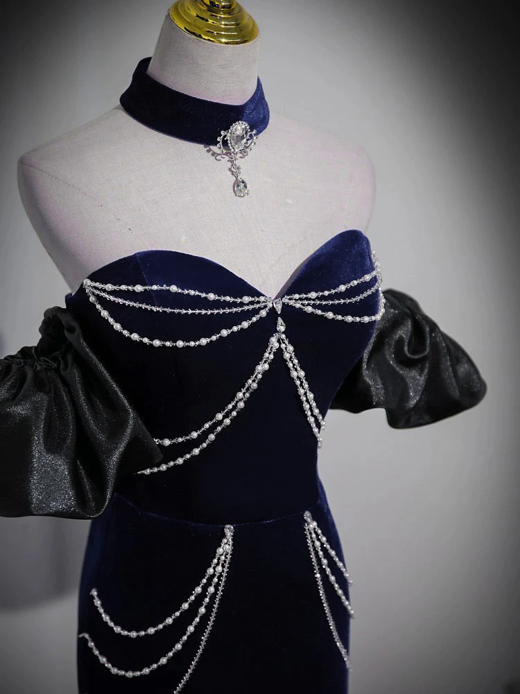 Trumpet/Mermaid Velvet Dark Blue Long Prom Dress with Beads - Deanwangkt
