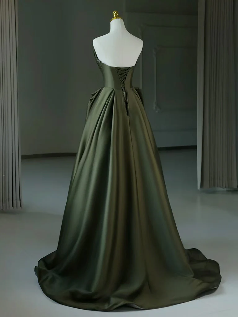 A-Line V Neck Satin Green Long Prom Dress, Green Long Evening Dress - Deanwangkt