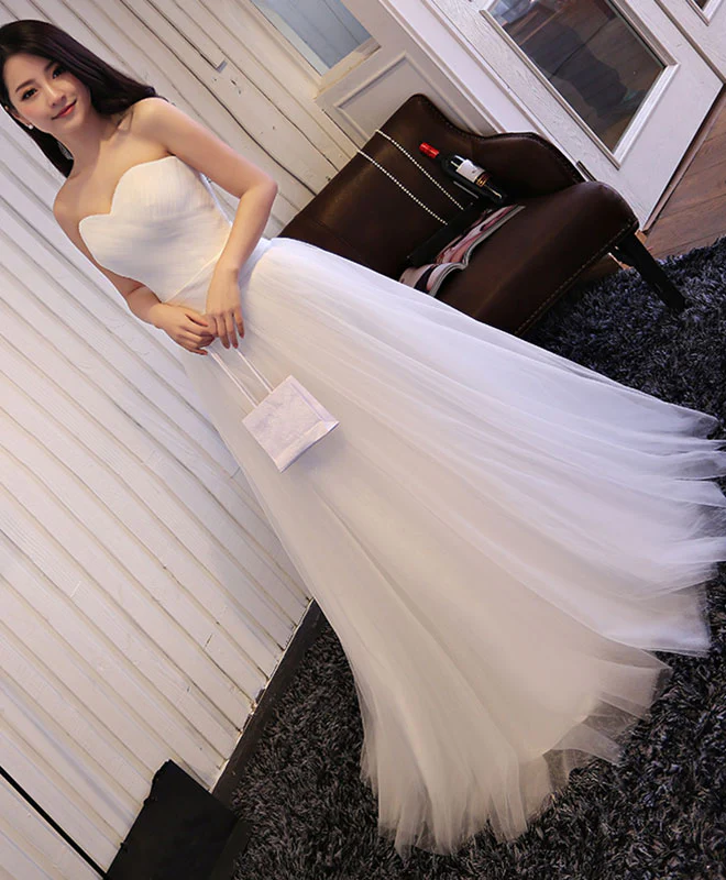 White Sweetheart Neck Tulle Long Prom Dress, Wedding Dress - Deanwangkt