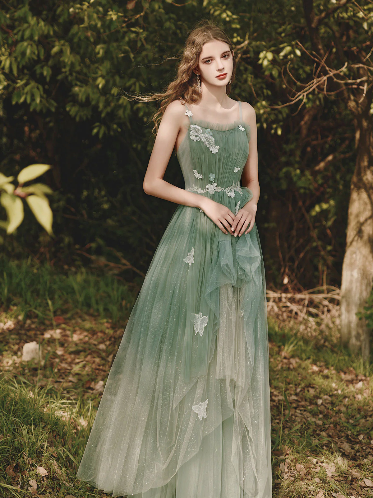 Green Tulle Lace Long Prom Dress, Green A line Formal Party Dress with Applique - Deanwangkt