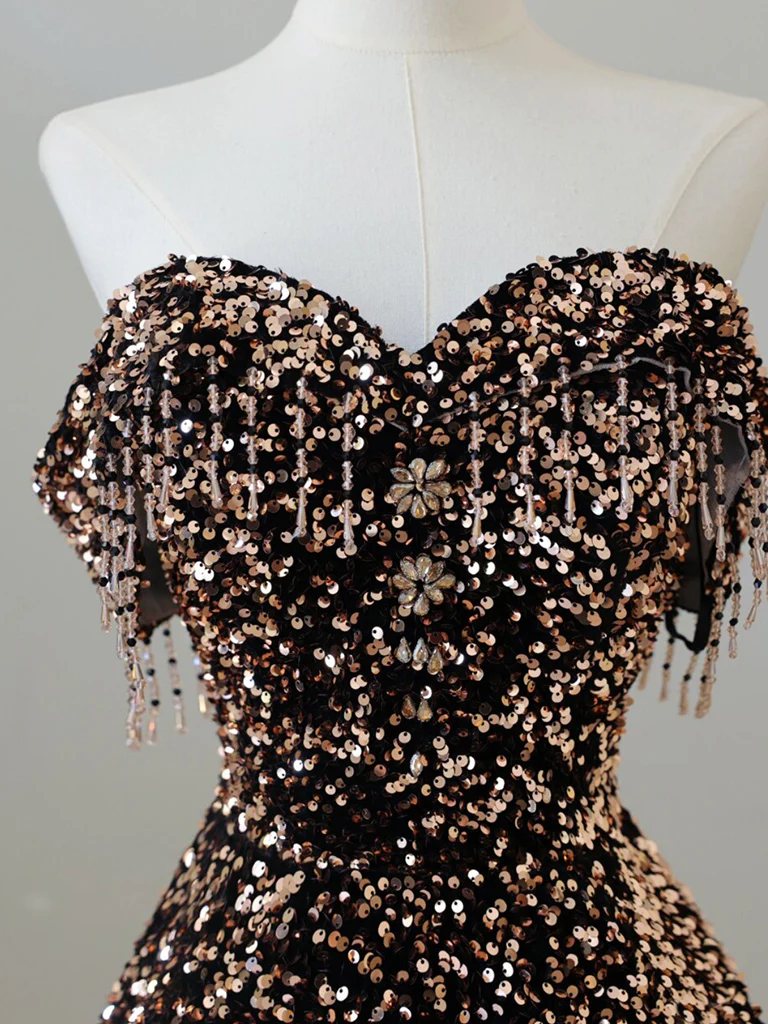 Off Shoulder A-Line Coffee Gold Sequin Long Prom Dress, Coffee Gold Evening Dress - Deanwangkt