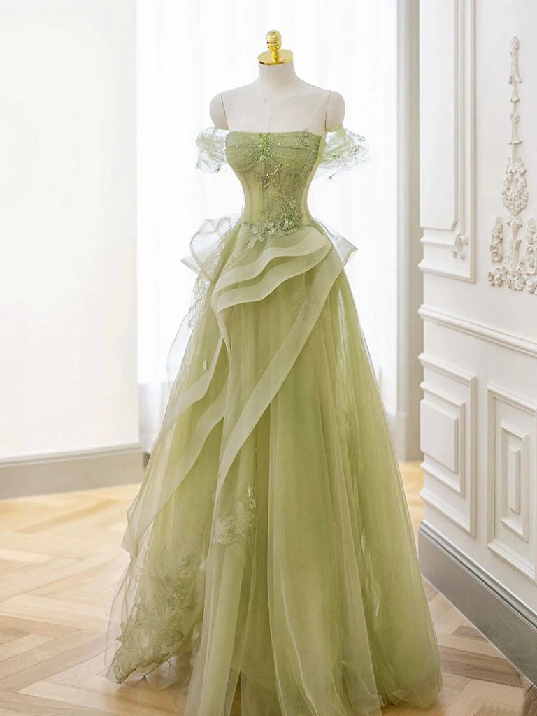 A-Line Off Shoulder Tulle Lace Green Long Prom Dress, Green Lace Long Formal Dress - Deanwangkt