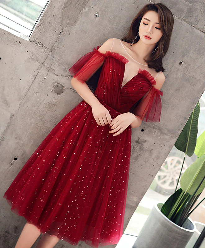 Burgundy Tulle Sequin Short Prom Dress, Burgundy Homecoming Dress - Deanwangkt