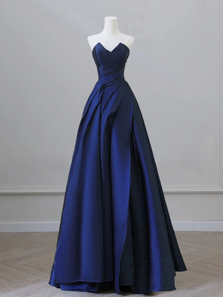 A-Line V Neck Satin Dark Blue Long Prom Dress, Dark Blue Long Formal Dress - Deanwangkt