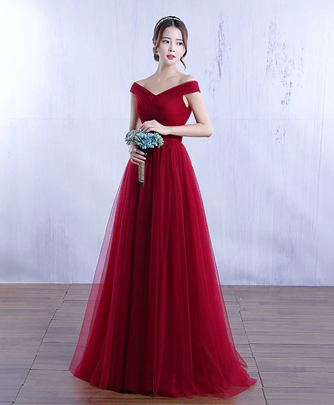 Simple V Neck Tulle A Line Long Prom Dress, Evening Dress - Deanwangkt