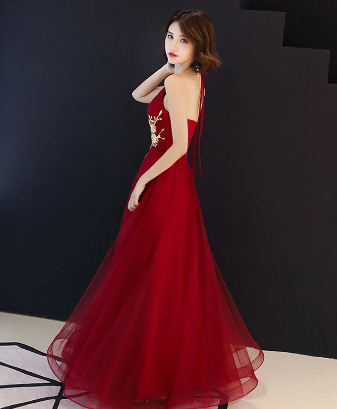 Burgundy Tulle Lace Long Prom Dress, Burgundy Tulle Evening Dress - Deanwangkt