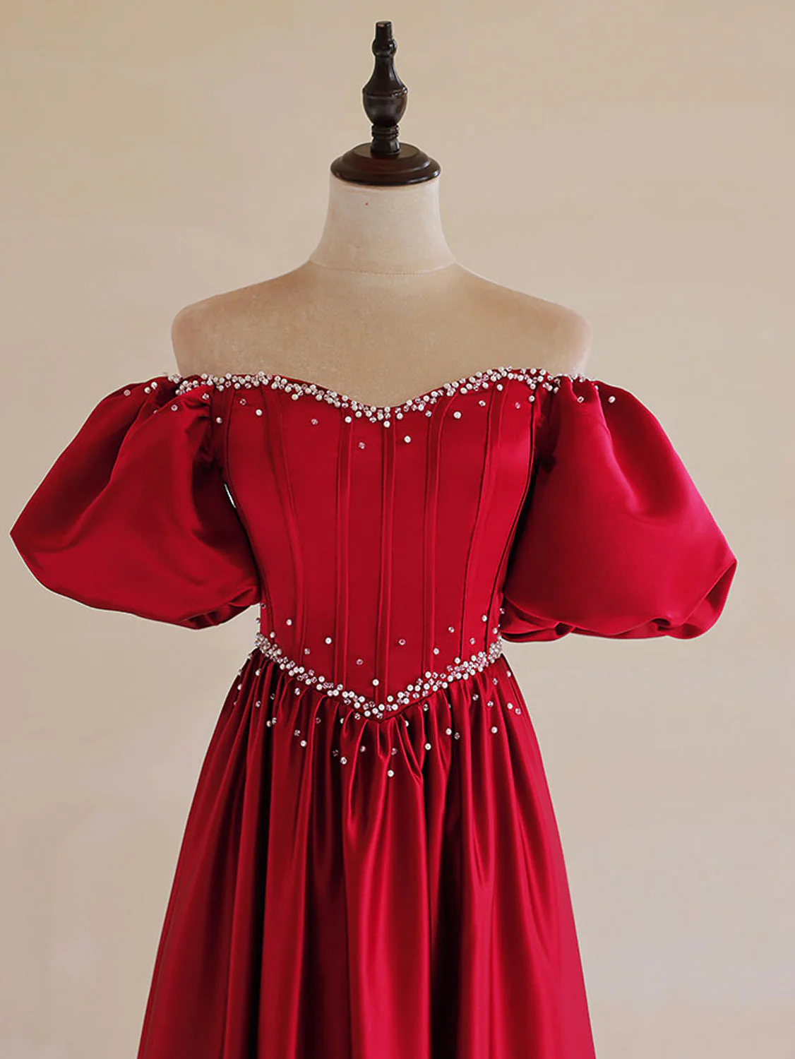 A-Line Burgundy Satin Puff Sleeves Long Prom Dress, Burgundy Formal Evening Dress - Deanwangkt
