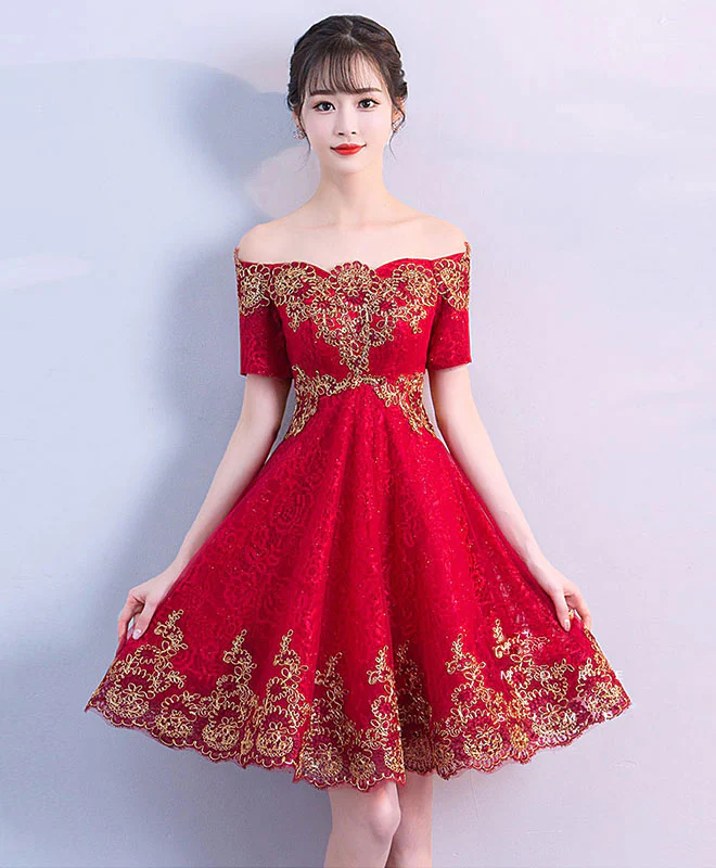 Burgundy Off Shoulder Tulle Lace Short Prom Dress, Burgundy Evening Dress - Deanwangkt