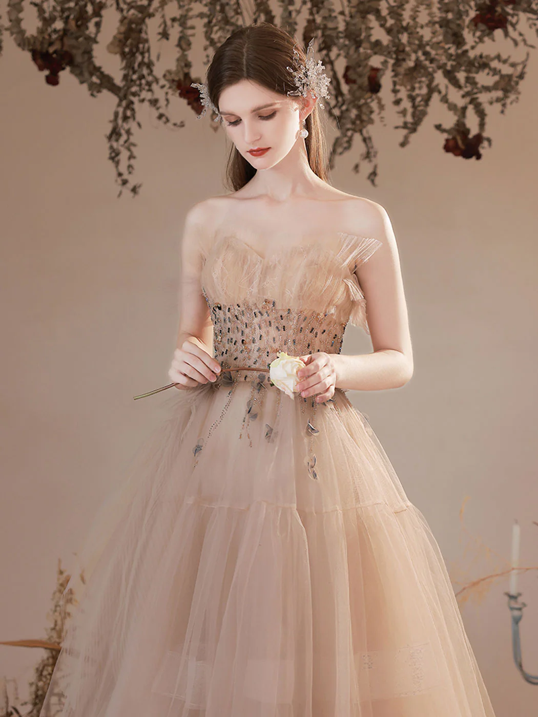 A Line Champagne Long Prom Dresses, Champagne Formal Graduation Dress With Beading sequin - Deanwangkt