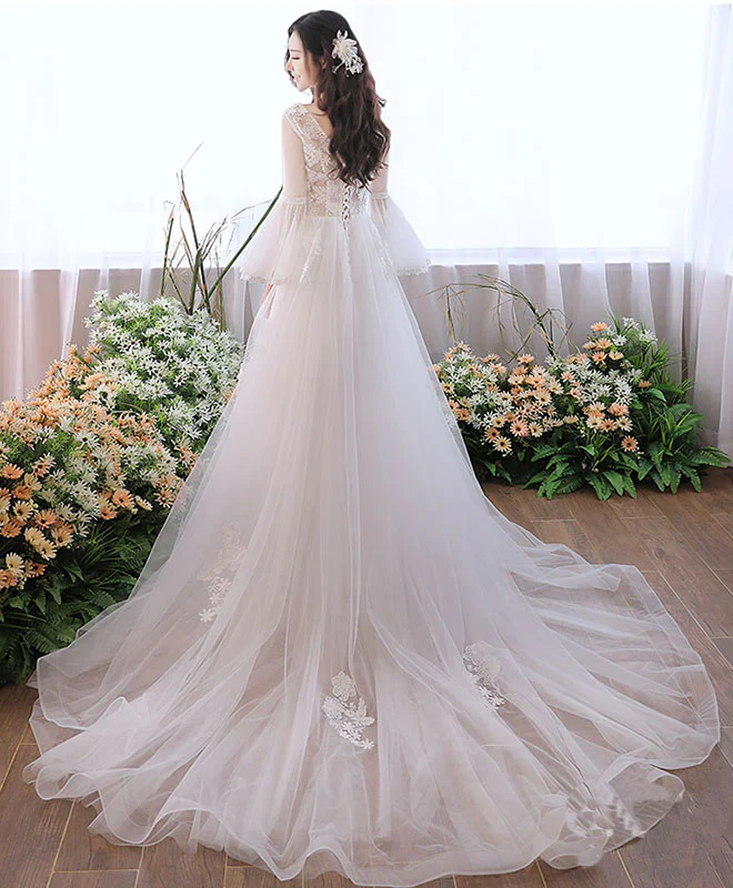 White V Neck Tulle Lace Long Prom Dress, White Evening Dress - Deanwangkt