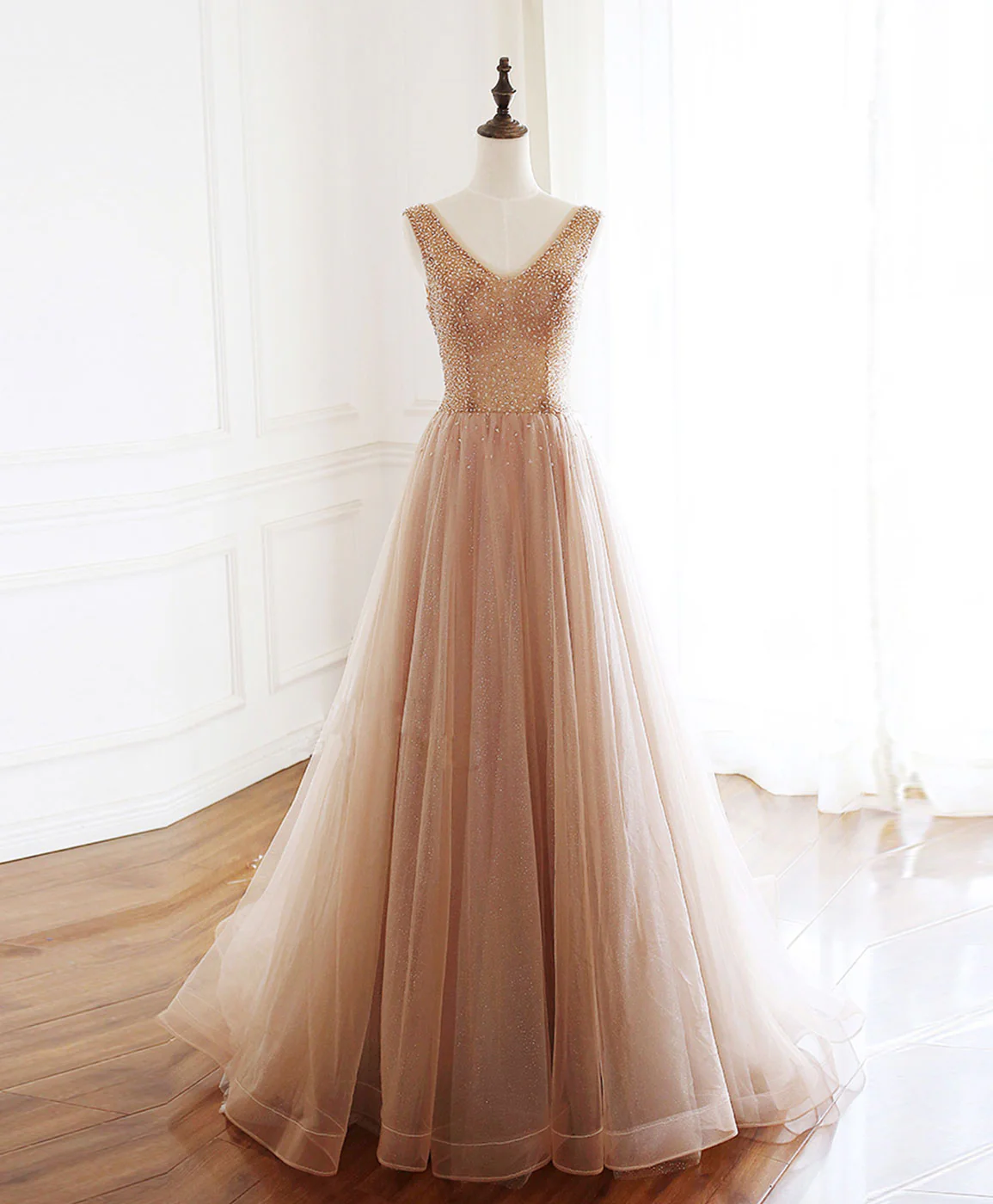 Champagne V Neck Tulle Beads Long Prom Dress Evening Dress - Deanwangkt