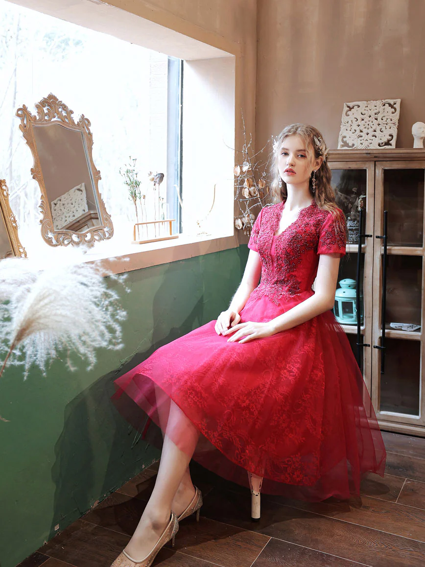 Burgundy V Neck Tulle Lace Beads Short Prom Dress, Burgundy Homecoming Dress - Deanwangkt