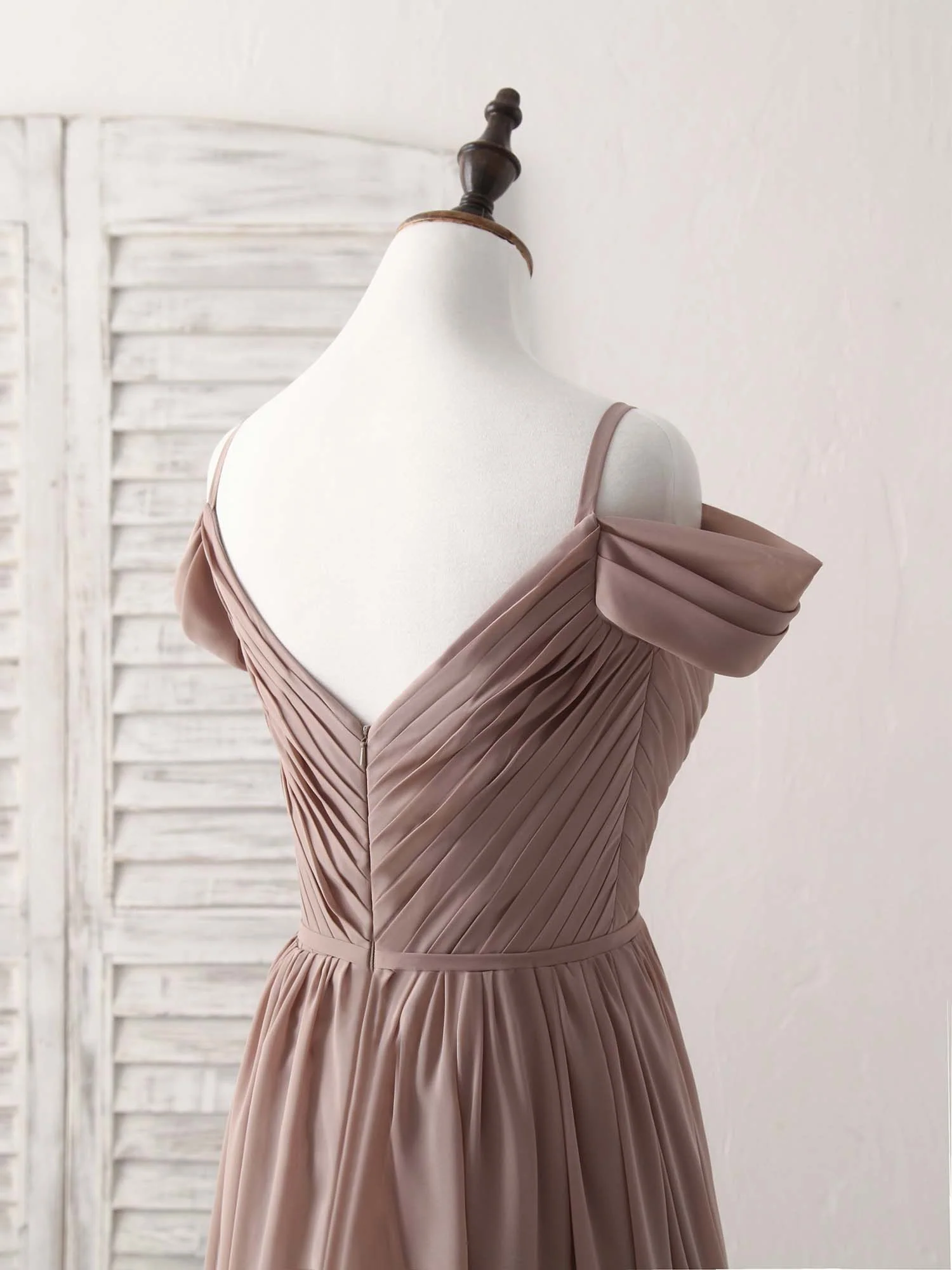 Simple V Neck Dark Champagne Chiffon Long Prom Dress, Bridesmaid Dress - Deanwangkt