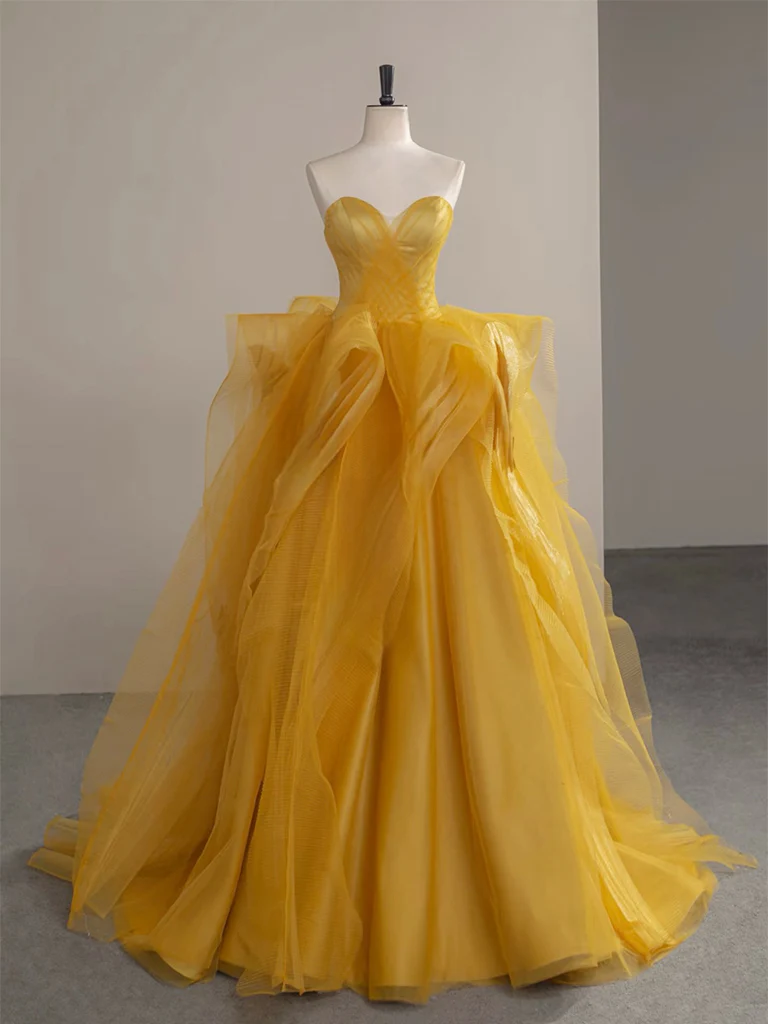 A-Line Sweetheart Neck Tulle Yellow Long Prom Dress, Yellow Long Formal Dress - Deanwangkt