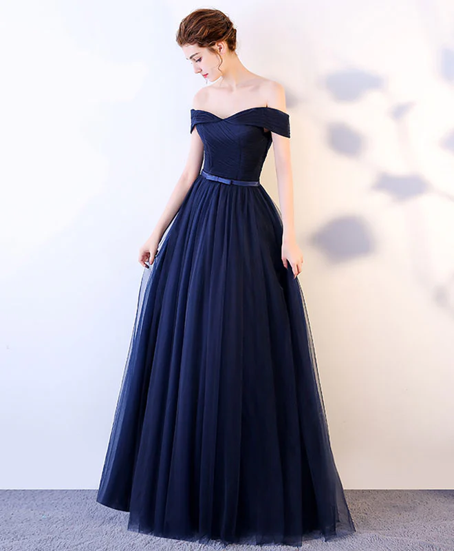 Dark Blue Long Prom Dress, Blue Tulle Bridesmaid Dresses - Deanwangkt