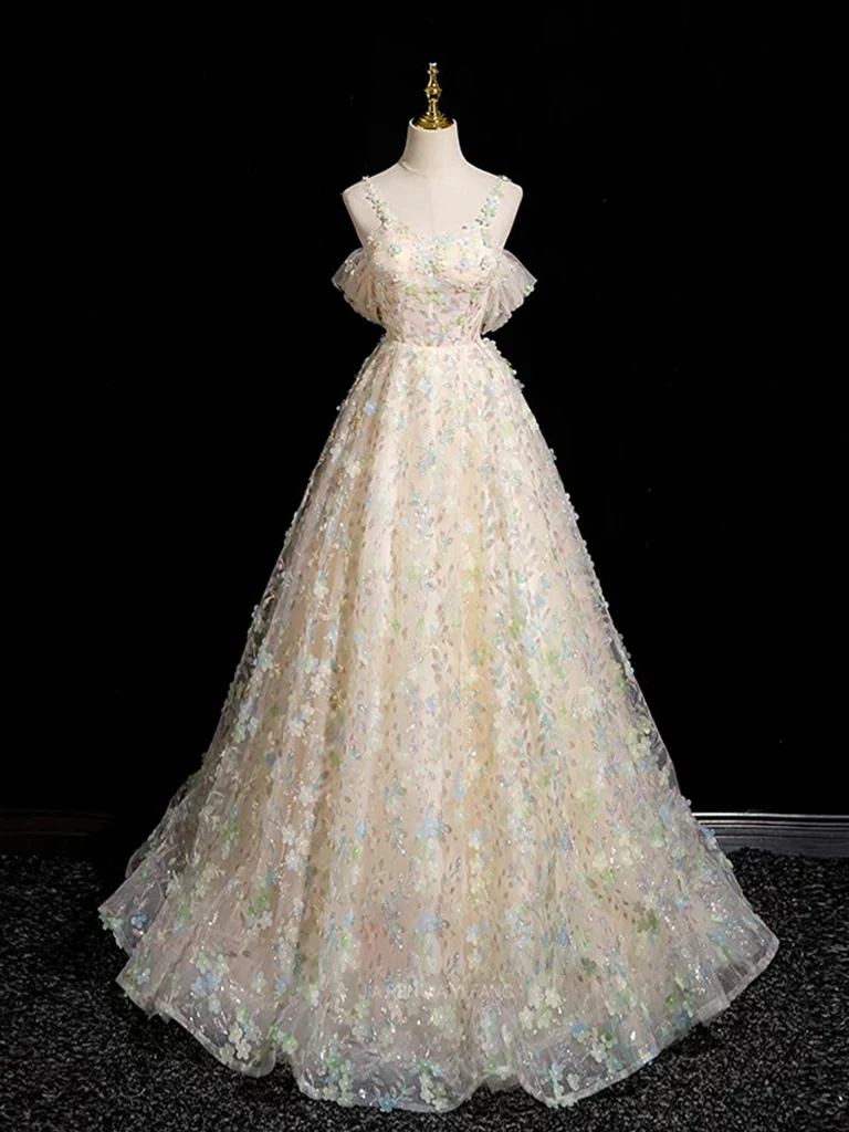 A-Line Sweetheart Neck Tulle Lace Champagne Long Prom Dress - Deanwangkt