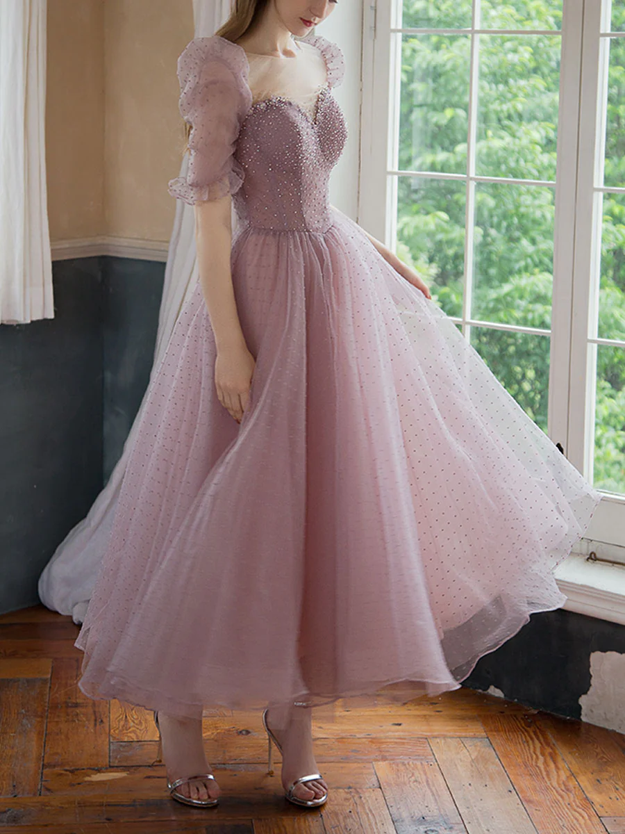 Sweetheart Tulle Beads Tea Length Pink Prom Dress, Tulle Homecoming Dress - Deanwangkt
