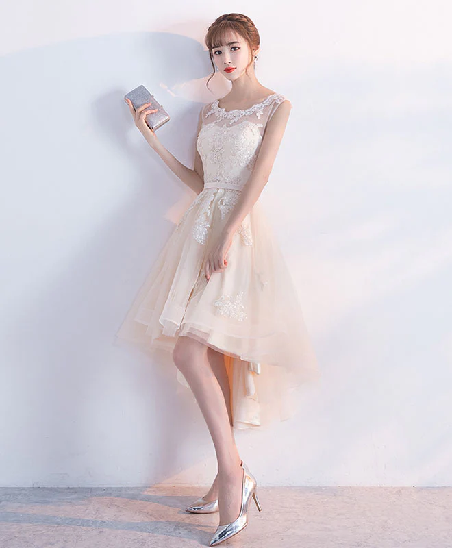 Champagne Tulle Lace Short Prom Dress, High Low Evening Dress - Deanwangkt