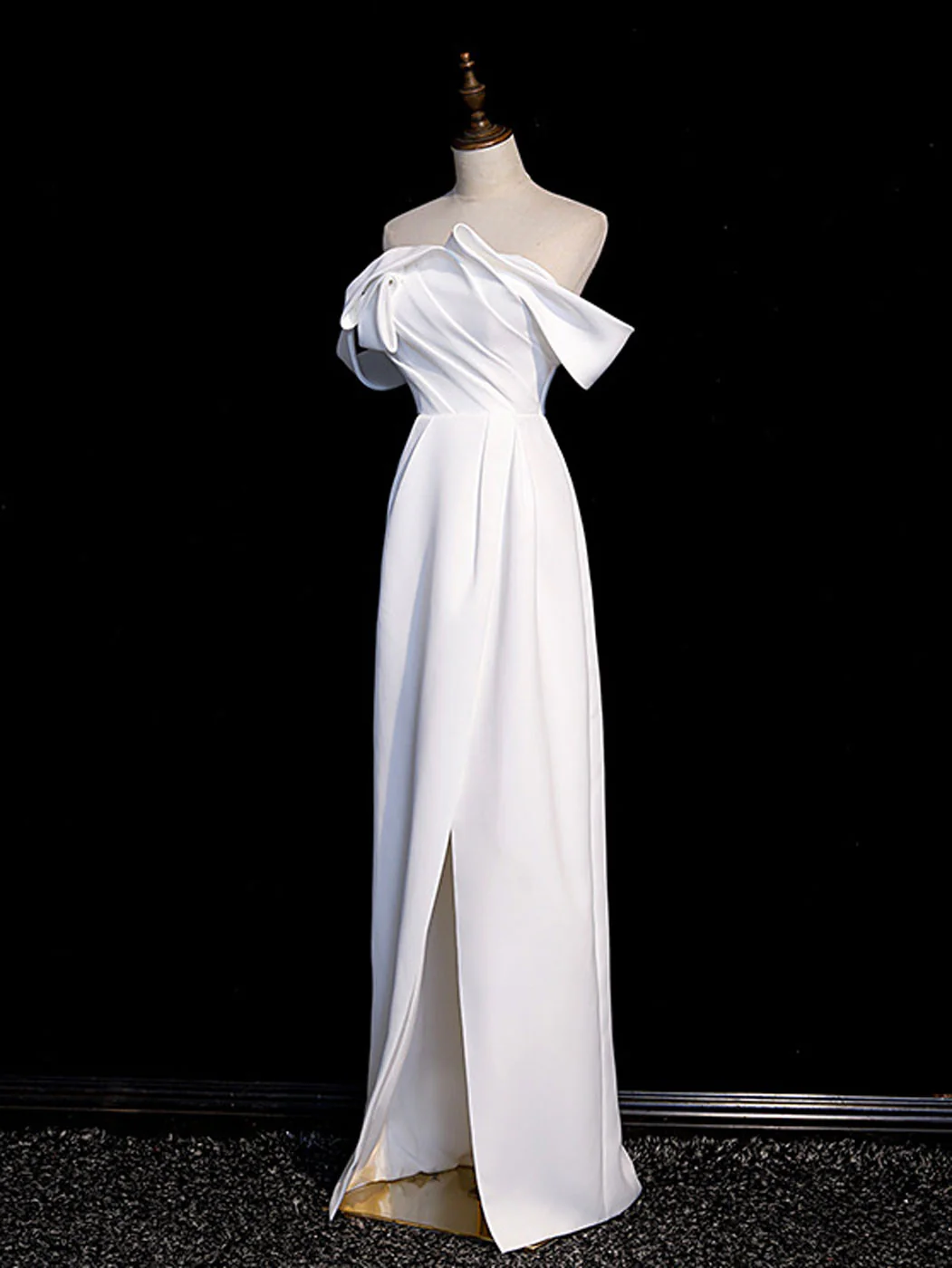 Simple White Off Shoulder Satin Long Prom Dress, White Long Formal Dress - Deanwangkt