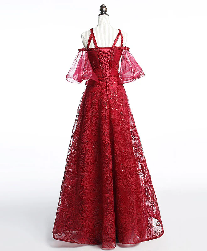 Unique Off Shoulder Tulle Lace Burgundy Long Prom Dress, Evening Dress - Deanwangkt