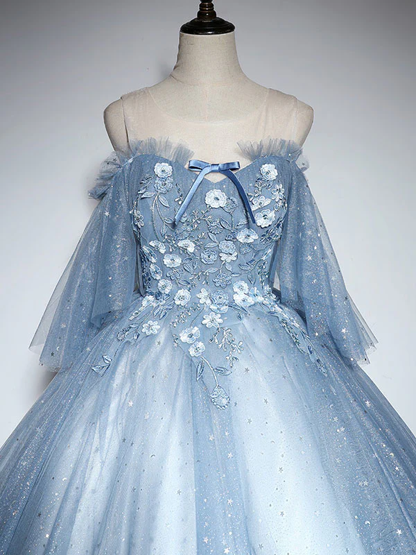 Blue Sweetheart Neck Tulle Lace Long Prom Dress, Blue Evening Dress - Deanwangkt