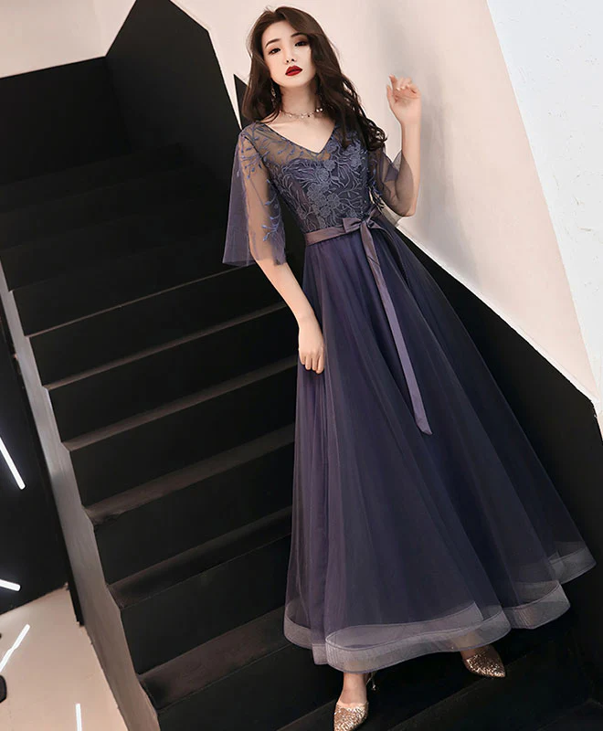 Elegant A-Line Tulle Lace Prom Dress Purple Tulle Formal Dress - Deanwangkt