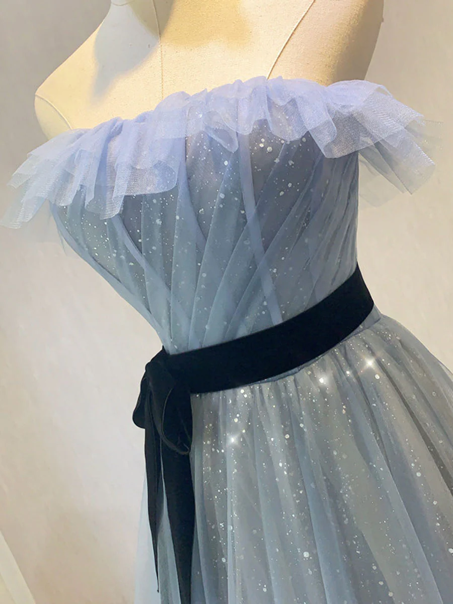 Blue Tulle Sequin Long Prom Dress, Blue Tulle Formal Dress - Deanwangkt