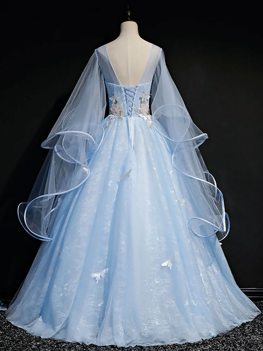 Blue Round Neck Tulle Lace Long Prom Dresses, Blue Sweet 16 Dresses - Deanwangkt