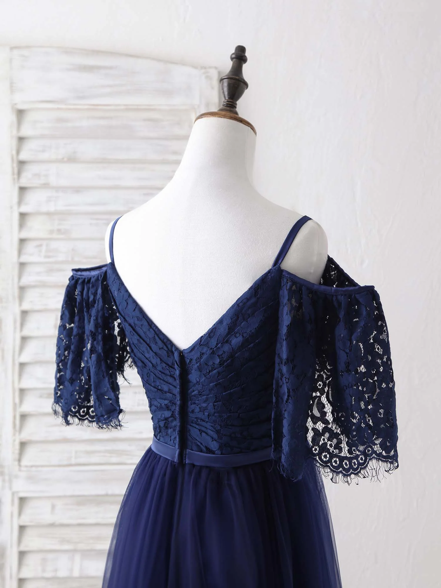 Dark Blue A-Line Lace Tulle Long Prom Dress Blue Evening Dress - Deanwangkt