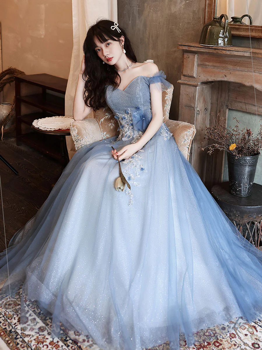 Blue Off Shoulder Tulle Long Prom Dress, Blue Tulle Formal Dress With Beading - Deanwangkt