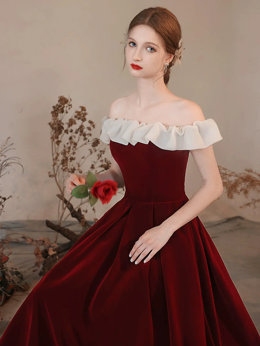 A-Line Off Shoulder Velvet Burgundy Long Prom Dress, Burgundy Formal Dress - Deanwangkt