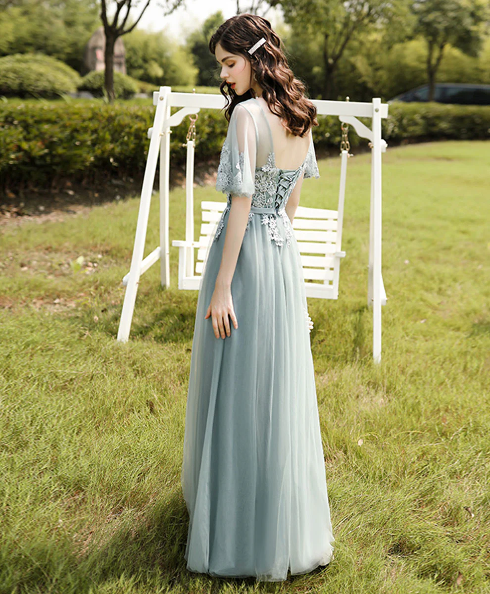 Green Tulle Lace Long Prom Dress, Green Tulle Lace Bridesmaid Dress - Deanwangkt