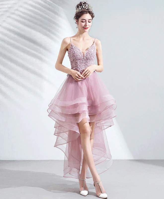 Burgundy Tulle Lace High Low Prom Dress Lace Homecoming Dress - Deanwangkt