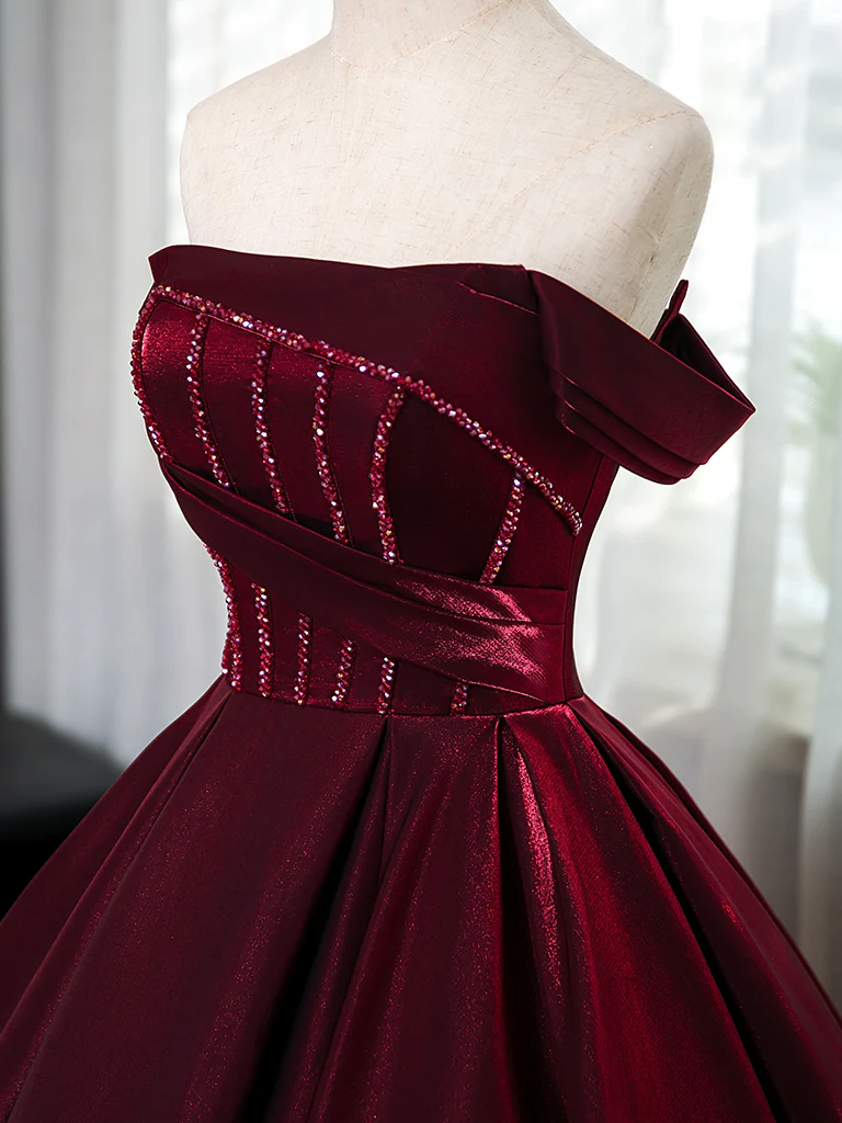 A-Line off Shoulder Satin Burgundy Long Prom Dress, Burgundy Evening Dress with Beads - Deanwangkt