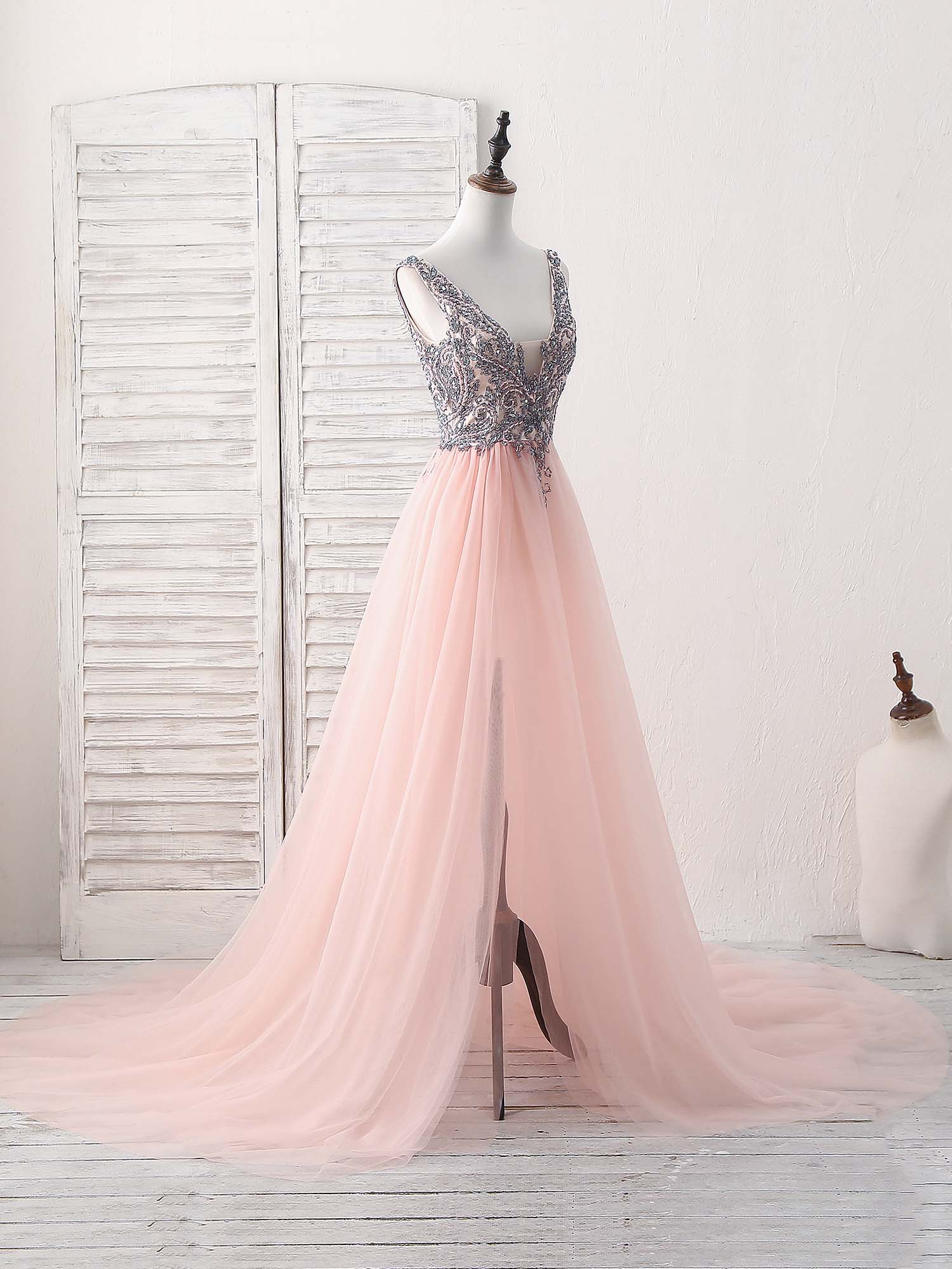 Pink V Neck Tulle Beads Long Prom Dress, Pink Evening Dress - Deanwangkt