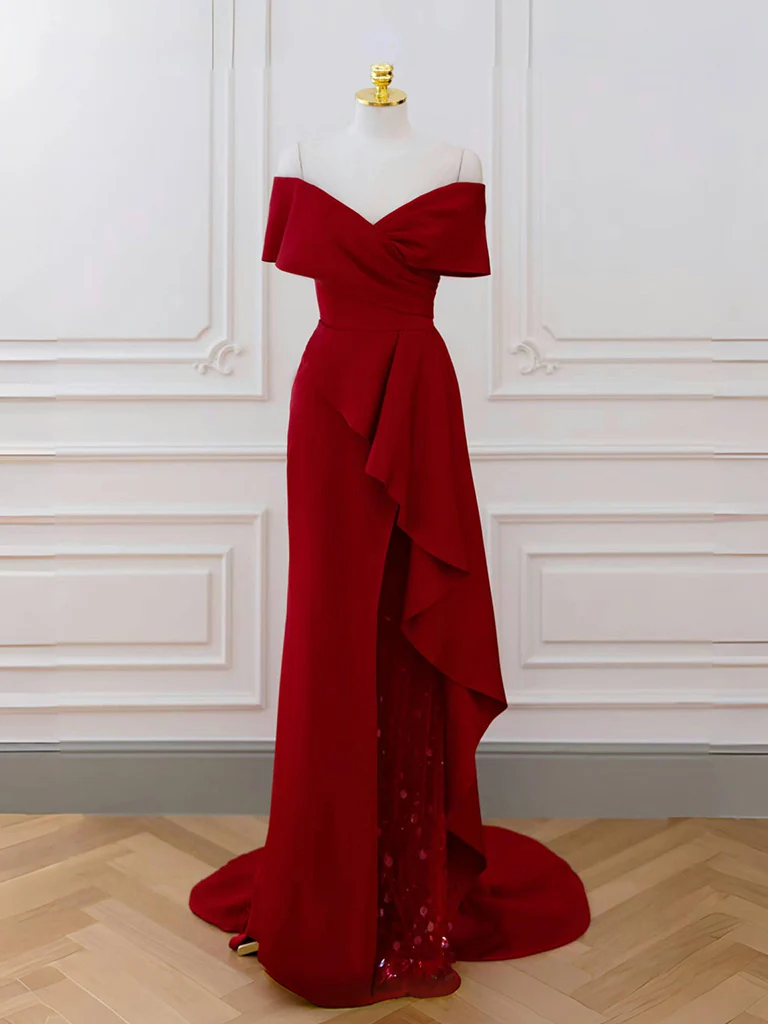 A-Line V Neck Off Shoulder Burgundy Long Prom Dress, Burgundy Long Formal Dress - Deanwangkt