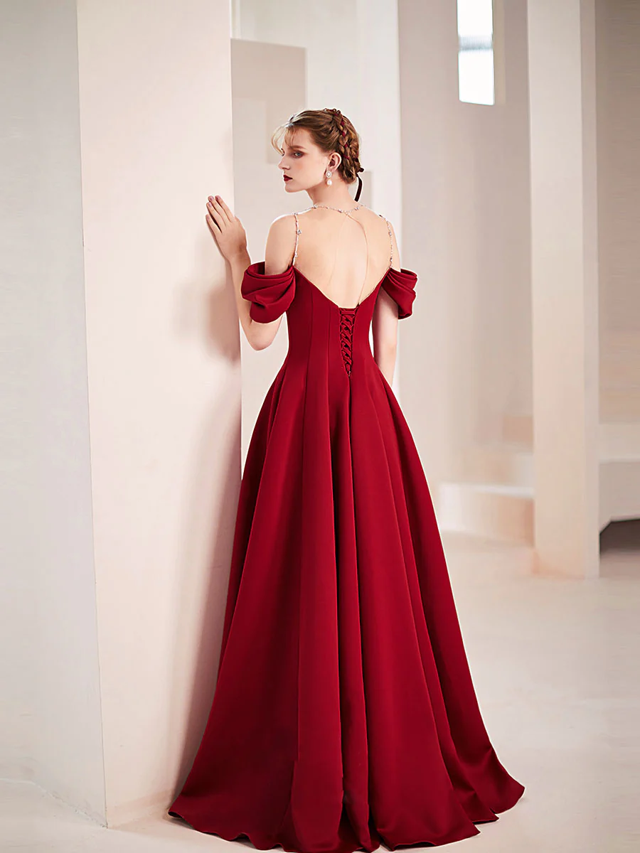 Simple Burgundy Round Neck Satin Long Prom Dress, Burgundy Formal Graduation Dresses - Deanwangkt